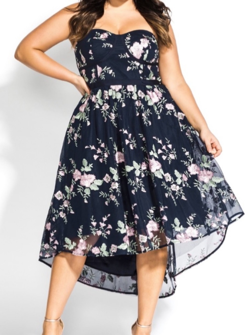City Chic Navy Floral High-Low Skirted Dress
